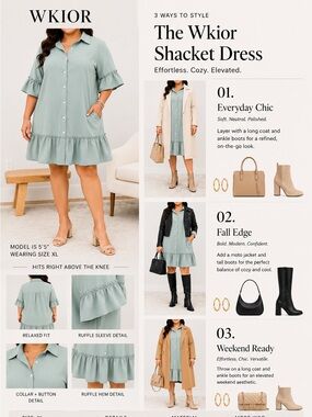 Wkior Sage Green Ruffle Hem Shirt Dress XL Button Front Pocket Dress